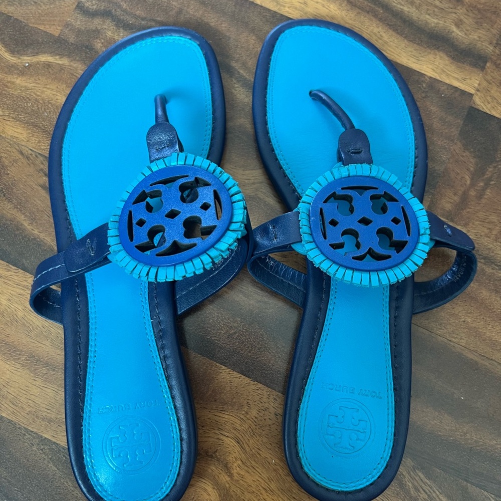 Tory Burch Turquoise and Navy Cutout Medallion Thong Sandals
